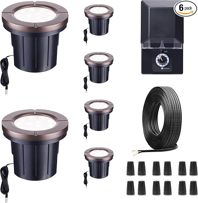 LED Well Light Kit, 6 Pack In Ground Landscape Lights and 100W Transformer and 100FT Cable and 30 Wire Connectors, 12V IP67 Waterproof Aluminum for Patio Pathway Lawn 6W 580LM