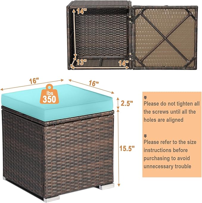 RELAX4LIFE Wicker Outdoor Storage Ottoman, 2-Piece Rattan Footstool w/Removable Cushion, Multipurpose Footrest Stool Side Table Additional Seating, Set of 2 Outdoor Ottomans for Patio Deck (Turquoise)