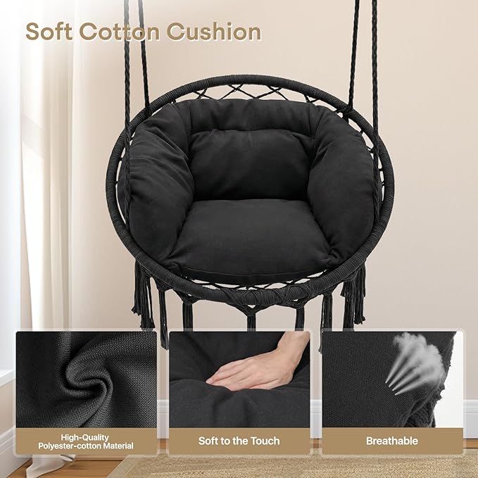 Athena Collection Hammock Chair Hanging Swing Chair with Large Thick Cushions, Outdoor Hanging Chair with Macrame Cotton Rope for Indoor, Outdoor, Bedroom, Balcony, Holds 350 Lbs, Black
