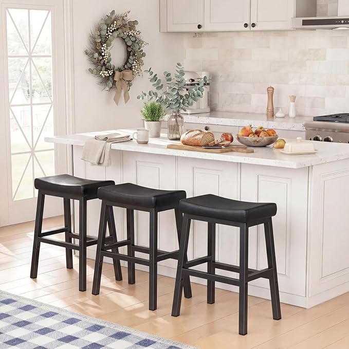 24 Inch Bar Stools Set of 2 for Kitchen Island, Kitchen Chairs Counter Height Stools with Footrest, Black Saddle Leather Barstools Heavy Duty for Dining Table Farmhouse Outdoor