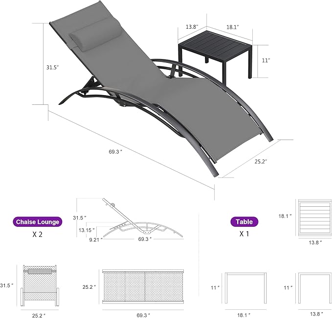 PURPLE LEAF Patio Chaise Lounge Set of 3 Outdoor Lounge Chair Beach Pool Sunbathing Lawn Lounger Recliner Chiar Outside Tanning Chairs with Arm for All Weather, Side Table Included, Grey