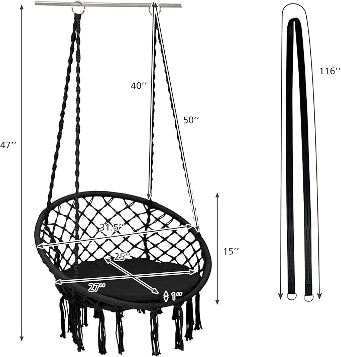 Giantex Hammock Chair Macrame Swing - Hanging Chair with Cushion and Hardware Kit, 330 LBS Weight Capacity, Indoor Swing for Hammock Stand, Patio, Balcony, Living Room Hammock Swing (Black)