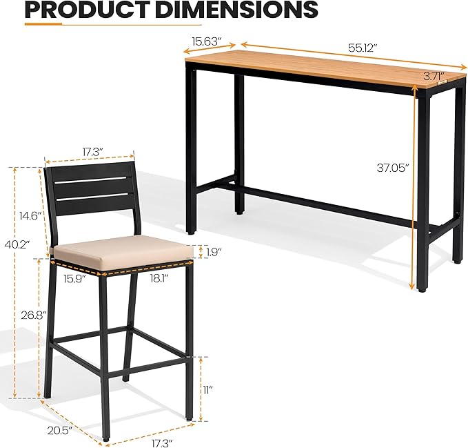 Crestlive Products Outdoor Bar Table and Chairs Set, 3 Piece Outside Patio Bar Set with 55" Long Bar Table and 2 Bar Stools for Balcony, Bistro, Garden, Backyard(Brown Desktop and Beige Cushion)