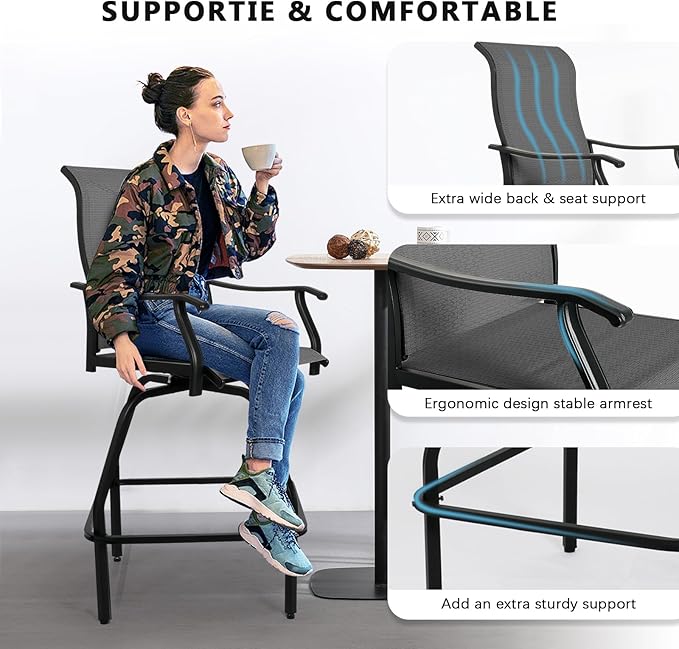 LEVELEVE Patio Bar Set 4pcs Swivel Bar Stools Outdoor Bistro Textilene Furniture Stability All-Weather Set (Grey Fabric)
