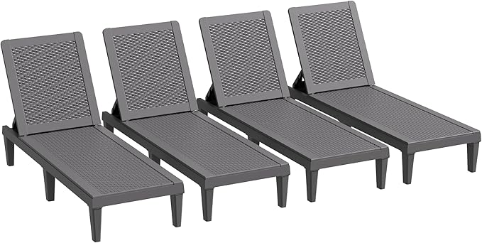 Greesum Outdoor Chaise Lounge Chairs Set of 4 with 5-Position Adjustable Backrest, Waterproof PP Sun Loungers for Garden Pool Beach Patio Deck Sunbathing, Grey