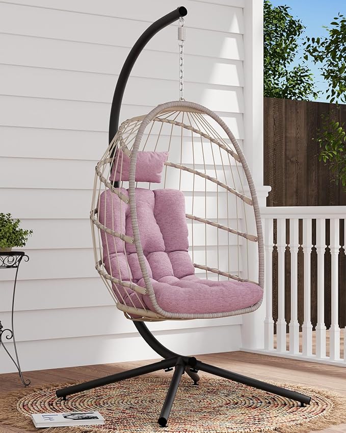 SWITTE Egg Chair Outdoor with Stand, Indoor Wicker Hanging Egg Swing Chair with Cushion, 350lbs Capacity for Patio, Bedroom, Garden - Pink