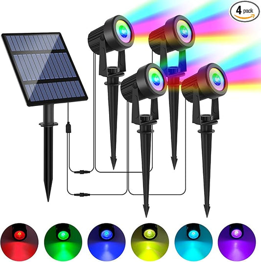Solar Spotlights Outdoor Waterproof, RGB Landscape Spotlights, Christmas Decorative Solar Spot Lighting for Garden, Yard, Pathway, Lawn, Poolside, Party, 4-in-1 Mounted (RGB, 1 Pack)
