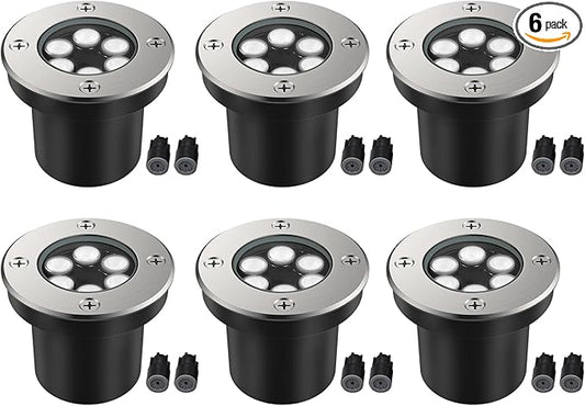 JESLED Landscape Lighting 6W LED Well Lights, 12V 24V Ground Lights 6000K Bright White, IP67 Waterproof Low Voltage Landscape Light Spotlight for Driveway Deck Patio Yard Garden Outdoor (6 Pack)