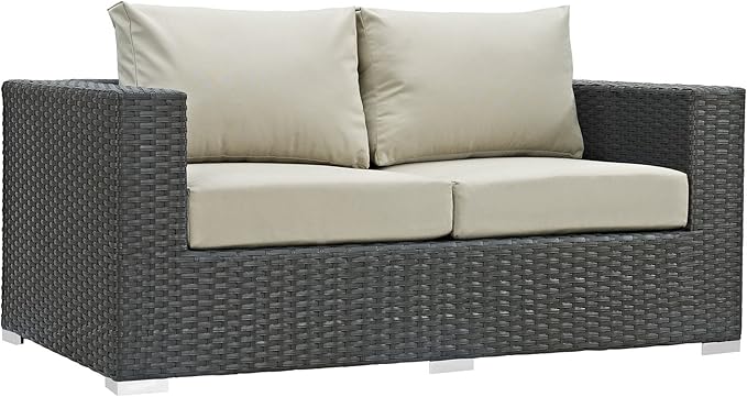 Modway EEI-1851-CHC-BEI Sojourn Wicker Rattan Outdoor Patio Coffee Table, Loveseat, Canvas Antique Beige