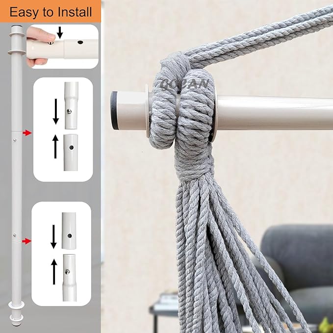Hammock Chair Large Hammock Swing, 110 x 150cm Load 150kg, Cotton Hammock Chair Metal Spread Bar Wide Seat Swing Chair(Grey)
