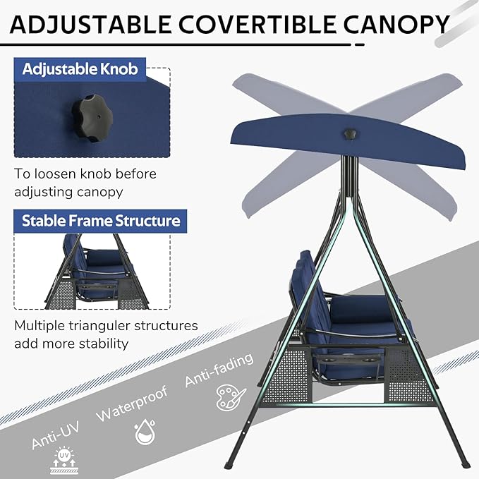 U-MAX 3-Seat Porch Swing Chair Steel Frame, Patio Swing Chair with Stand and Removable Cushions, Outdoor Canopy Swing Chair for Outside, Backyard, Garden, Deep Blue Cushion