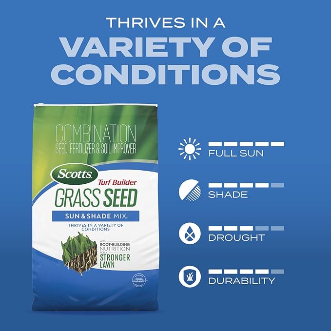 Scotts Turf Builder Grass Seed Sun and Shade Mix - Grass Seed Plus Lawn Fertilizer and Soil Improver, Covers Up To 12,800 sq. ft., 32 lb.