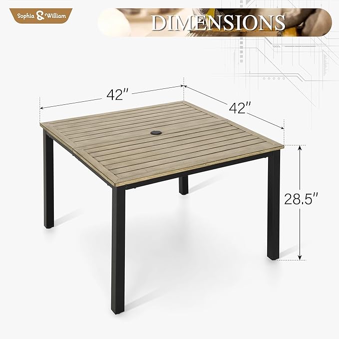 Sophia & William 42" Metal Patio Table, Steel Slatted Square Outdoor Dining Table with 1.57"-1.9" Adjustable Umbrella Hole, Outdoor Furniture Bistro Yard Garden Table with E-Coating, Brown