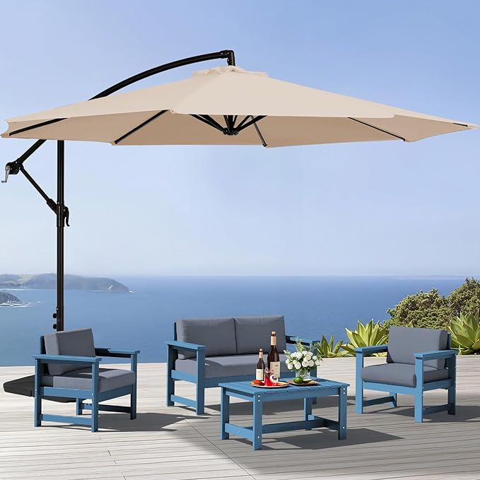 SERWALL 4 Pieces HDPE Outdoor Sofa Set with 10FT Patio Umbrella, All Weather Use Loveseat Furniture Sofa Set, Outdoor Conversation Couch with Coffee Table for Patio, Blue Frame with Grey Cushions