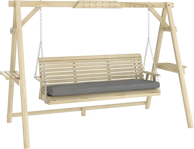 Outsunny 3 Seat Porch Swing with Stand, Wooden Patio Swing Chair with Cushion, Side Trays and Metal Chains, Outdoor Bench for Garden, Poolside, Backyard, Natural Wood