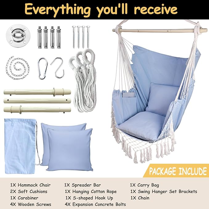Hammock Chair Hanging Rope Swing Chair,Max 450 Lbs, Large Hanging Chair with Pocket, 2 Cushions, Steel Bar with Anti-Slip Rings, Hardware Kit Included, Comfortable for Indoor Outdoor (Blue)