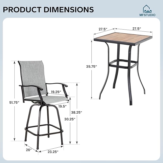 MFSTUDIO 3 Piece Outdoor Swivel Bar Set, Outdoor Bar Table and Chairs Set, Patio High Top Table and Chairs, Tall Bistro Set Patio Bar Height Table with 2 Chairs, Light Grey