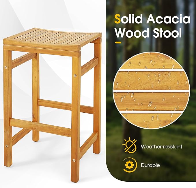 Tangkula 7 Piece Outdoor Acacia Wood Bar Table Set, 45" Rectangular High Top Table with 6 Saddle Seat Bar Height Stools, Space-Saving Patio Dining Set for 6, for Deck, Garden and Porch