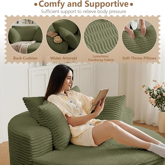 Oversized Round Chair Lounge Chaise Indoor, Upholstered Corduroy Deep Seat Cloud Large Circle Sofa Chair, No Assembly Required, Fluffy Modern Sleeper Sofa Bed for Reading, Living Room, Light Green
