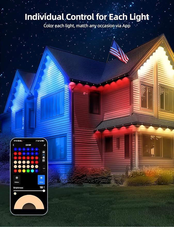 APPECK Permanent Outdoor Lights 50ft with 36 RGBW LEDs, 111 Scene Modes, Eaves Lights with 40lm Warm White, for Daily Holiday House Decor, App/Voice/Remote Control, White