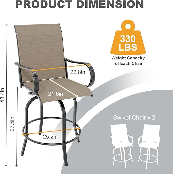 GarveeLife 2 Piece Outdoor Swivel Bar Chairs, Patio High Swivel Bar Stools, All Weather High Back and Armrest Patio Chairs, Outdoor Rotating Chair Counter Height for Deck Lawn Garden Backyard