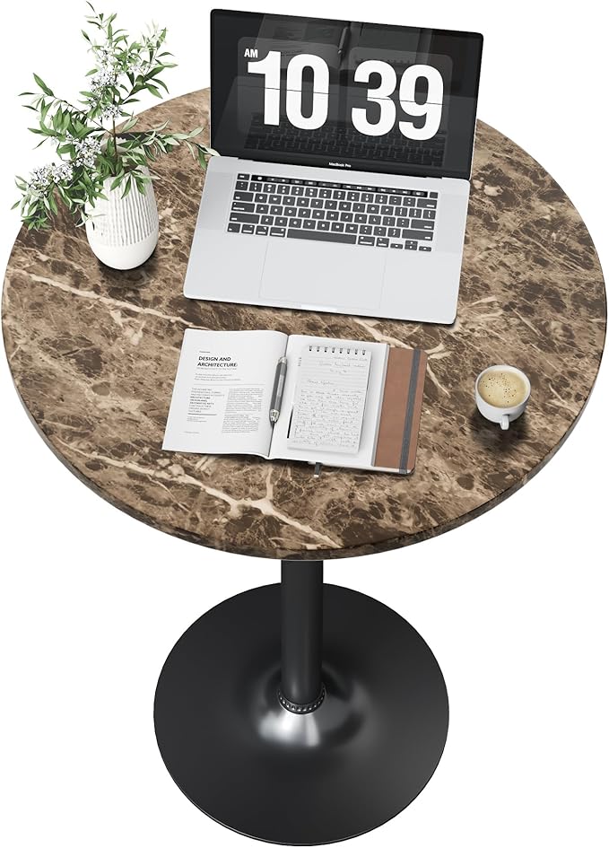 Flamaker Round Bistro Pub Table Modern Style Metal Base MDF Top Cocktail Bar Table Counter Bar Height for Pub, Dining Room, Party (2, Marble-Black)