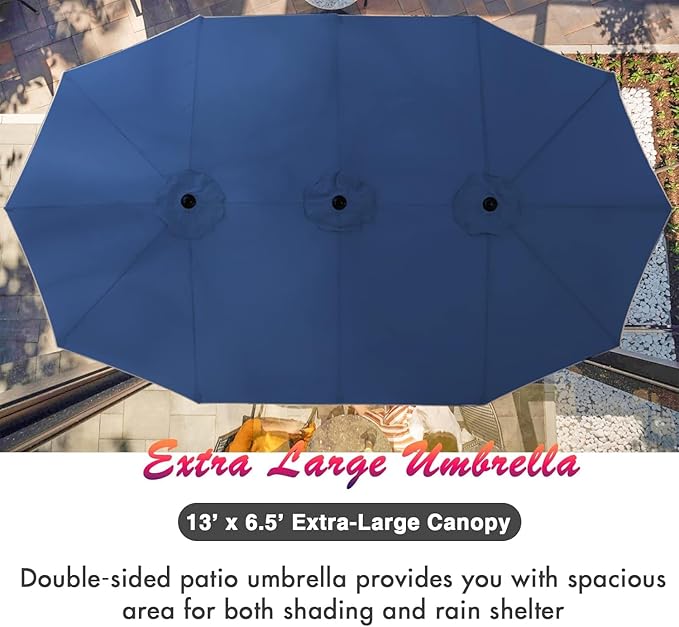 PHI VILLA 7 Pieces Outdoor Dining Set for 6 with Umbrella, 60" Long Metal Table & Stackable Iron Chairs with Cushions & 13ft Blue Umbrella, Modern Steel Furniture Set for Patio, Deck, Yard, Porch