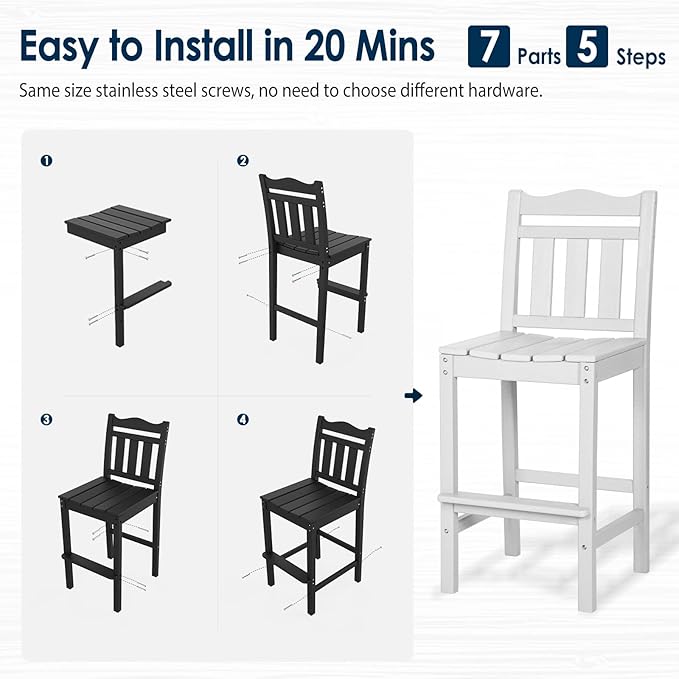 nalone Outdoor Bar Stools Set of 2, HDPE Tall Adirondack Chairs Bar Chairs, Weather Resistance Bar Height Chair for Balcony, Garden, Yard, Backyard (White, Bar Chairs Set of 2)