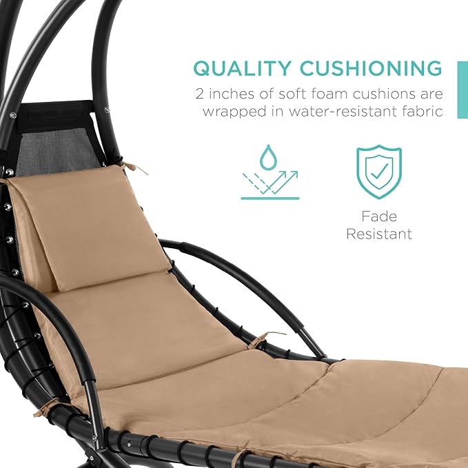 Best Choice Products Outdoor Hanging Curved Steel Chaise Lounge Chair Swing w/Built-in Pillow and Removable Canopy - Tan