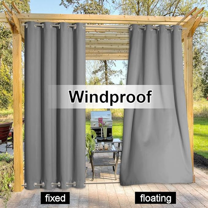 NICETOWN 2 Panels Sliver Grey Blackout Outdoor Curtains for Patio Waterproof 84" Long, Top and Bottom Rustproof Grommet Heavy Weight Windproof Drapes, Keep Privacy for Porch, W52 x L84