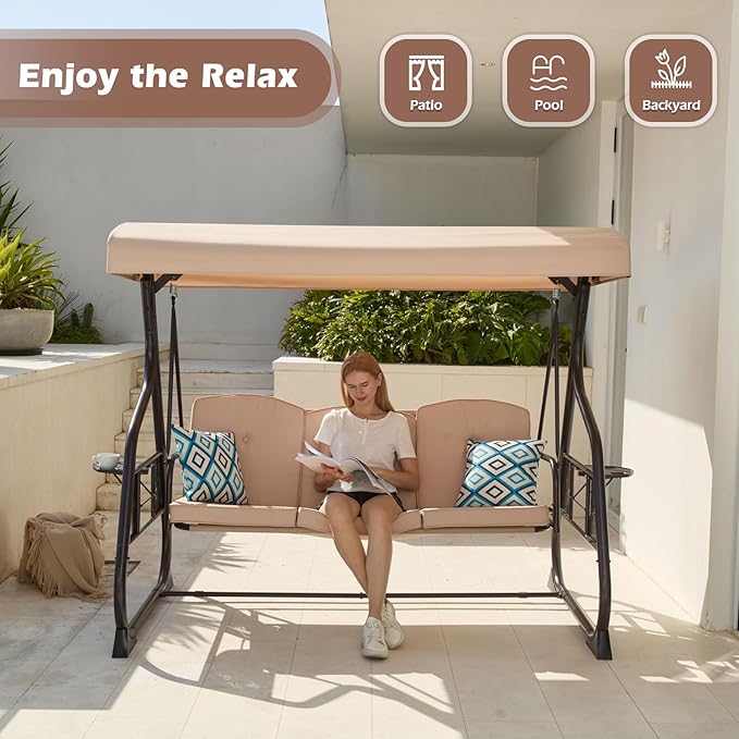 3-Seat Patio Porch Swing 800LBS Outdoor Swing with Stand w/Canopy & Adjustable Backrest Patio Glider Chair w/Removable Pillows & Foldable Side Tray for Balcony Garden Deck (Khaki)