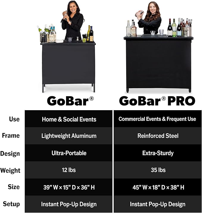 GoBar Portable Bar Table for Events - Black, 3 Skirts, or LED - Pop Up Mobile Bartending Station with Travel Carrying Case