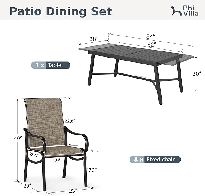 PHI VILLA 9 Piece Patio Dining Set, Expandable Table for 6-8 Person with Umbrella Holes and 8 High Back Fixed Chairs All Weather Patio Furniture Set for Outdoor Deck Garden