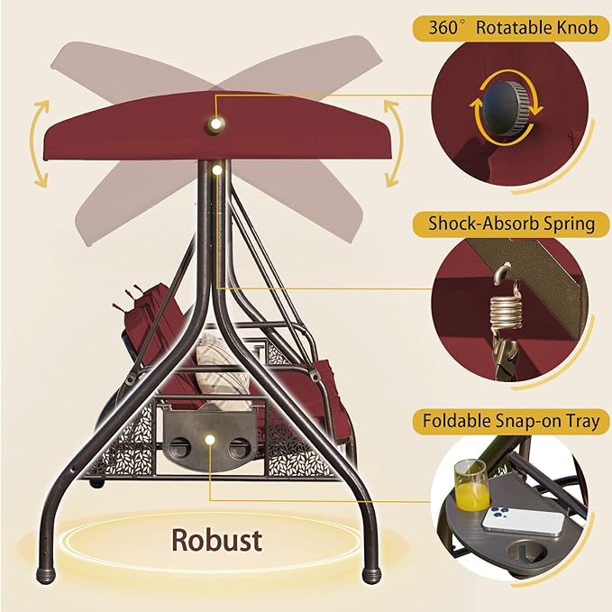 3-in-1 Convertible Outdoor Swing for Adults, Outdoor Porch Swing with Stand 800lb Bearing Capacity, 3-Seat Outdoor Swing with Canopy Adjustable, Thickened Cushions (Round, Wine Red)