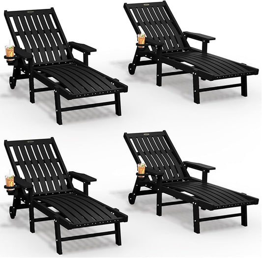 Patio Chaise Lounge Chair Set of 4, Oversized Lounge Chair Outdoor with 5 Positions, HDPE, Patio Lounge Chair with Wheels & Cup Holder for Pool, Deck, Poolside,Black