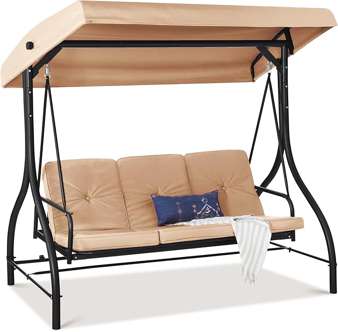 Best Choice Products 3-Seat Outdoor Large Converting Canopy Swing Glider, Patio Hammock Lounge Chair for Porch, Backyard w/Flatbed, Adjustable Shade, Removable Cushions - Tan