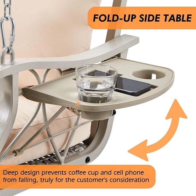 3-Person Wicker Porch Swing Chair Heavy Duty 900 LBS Outdoor Rattan Patio Swing Chair w/Cup-Holder & Steel Chains Hanging Bench Porch Swing Cushions for Deck & Backyard & Garden