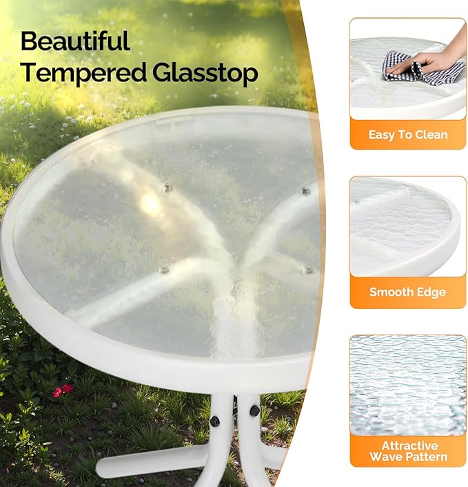 VINGLI Outdoor Side Table, 18" Patio Table Steel Frame Tempered Glass Top, Weatherproof Small Tables for Balcony Garden Poolside (White, Round)