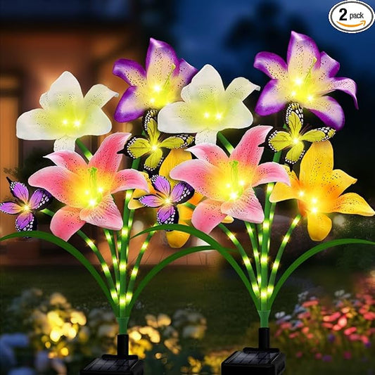 Solar Garden Lights 2 Pack with 8 lilies Outdoor Decorative flower Lights for Garden, Birthday Gift for family and Friends, IP65 Waterproof flower Solar Outdoor Stake Light for Yard Patio Lawn Pathway