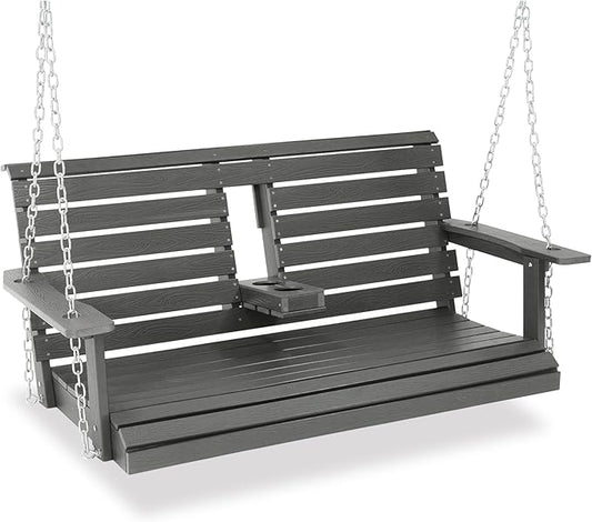 Poly Lumber 2-Seat Porch Swing, HIPS 4.5-Feet Bench Swing with Foldable Cup Holders,18/8 Stainless Steel Hardware, High Backrest and Deep Contoured Seat (Deep Gray, 4.5-feet)