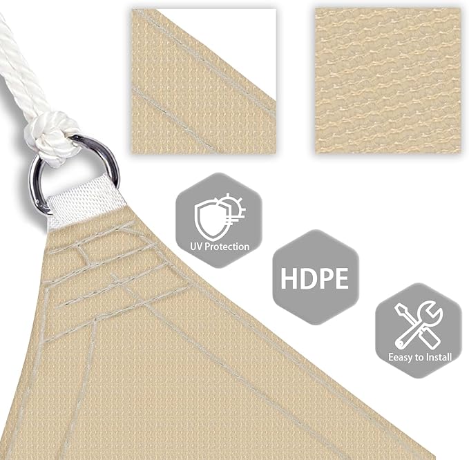 Patio Paradise 22' x 22' x 22' Sun Shade Sail Triangle Canopy Shade Cloth Fabric Sunlight Block Patio Pergola Cover HDPE Deck Awning for Outdoor Backyard Roof Shading, Sand