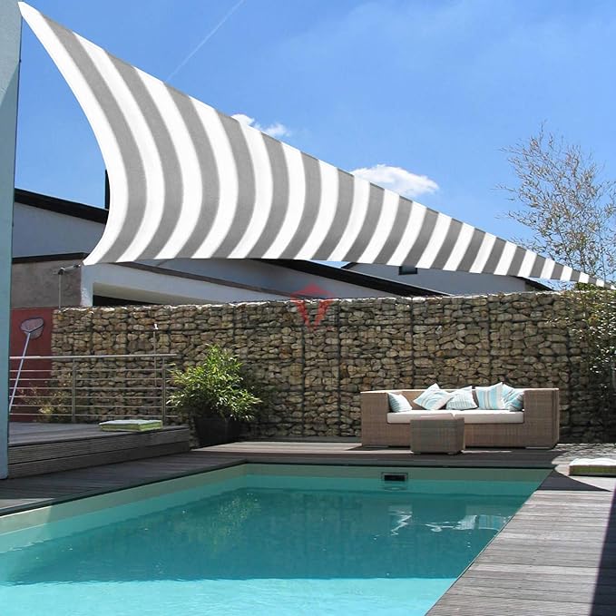Patio Paradise 27' x 27' x 27' Sun Shade Sail Triangle Canopy Shade Cloth Fabric Sunlight Block Patio Pergola Cover HDPE Deck Awning for Outdoor Backyard Roof Shading, Gray White Strip