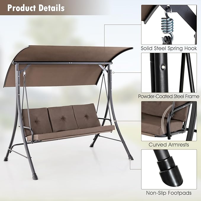 Tangkula 3 Person Porch Swing, Outdoor Swing with Removable Cushions, Solid Steel Structure, Patio Swing with Adjustable Canopy for Garden, Backyard, Balcony, Poolside