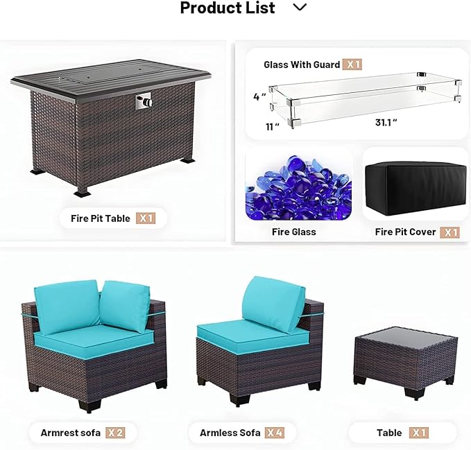 Kullavik 8 Pieces Outdoor Patio Furniture Set with 43" 55000BTU Gas Propane Fire Pit Table PE Wicker Rattan Sectional Sofa Patio Conversation Sets,Blue