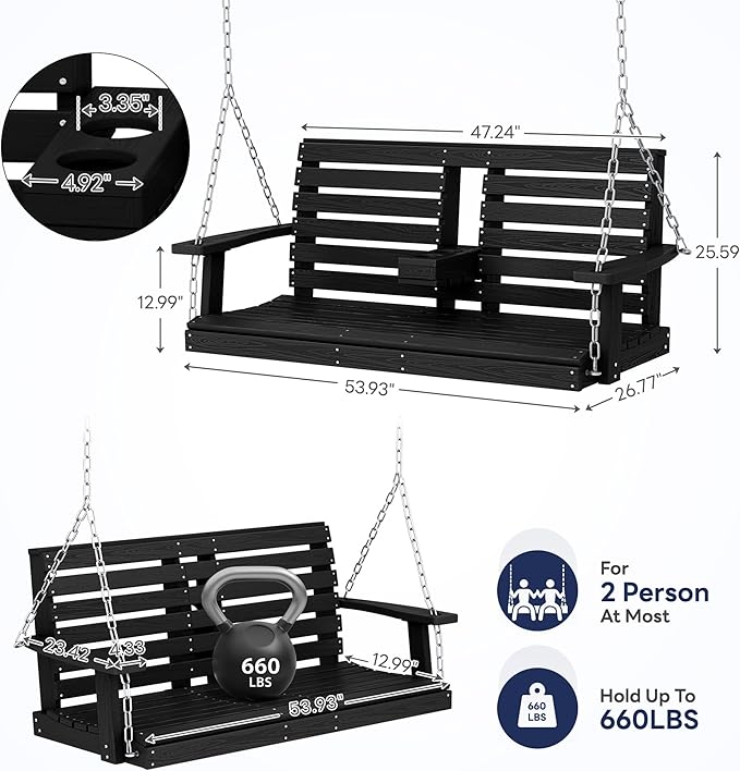 KINGYES Outdoor Hanging Patio Swing Chair, 2 Seat Swing with Cup Holders, Waterproof Bench for Courtyard & Garden, 660LBS Weight Capacity, Black