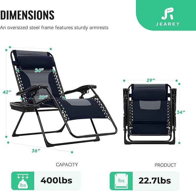 JEAREY Oversized Padded Zero Gravity Chairs Set of 2, Folding Lounge Chair Outdoor Patio Recliner, Anti Gravity Chair for Backyard with Headrest, Cup Holder, Side Tray, Polyester Mesh - Navy/Gray