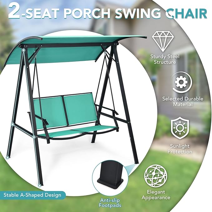 Tangkula 2-Person Patio Swing, Weather Resistant Porch Swing with Adjustable Canopy, Steel Frame, Outdoor Modern Canopy Swing with Handrails, Suitable for Porch Garden Poolside (Green)