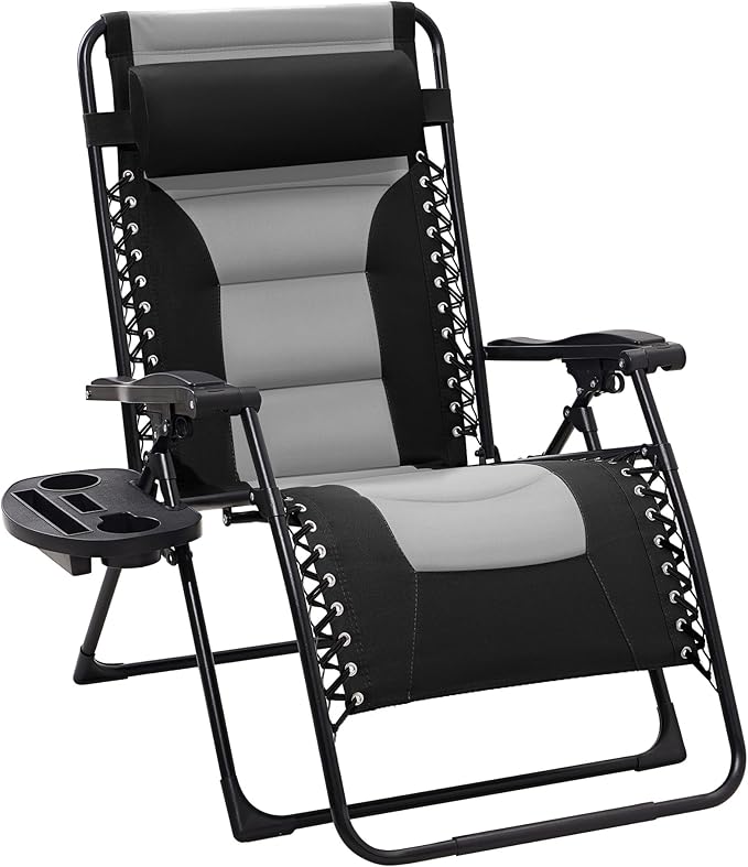 JEAREY Oversized Padded Zero Gravity Chairs, Folding Lounge Chair Outdoor Patio Recliner, Anti Gravity Chair for Backyard with Headrest, Cup Holder, Side Tray, Polyester Mesh - Black/Gray