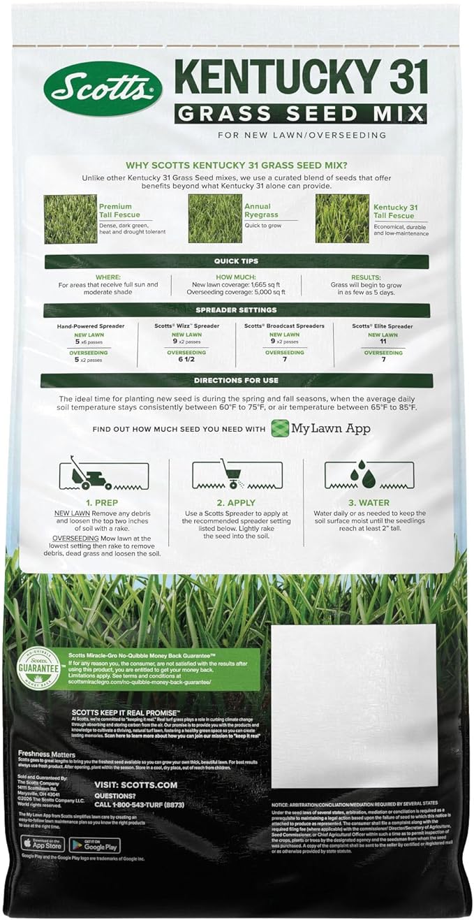 Scotts Kentucky 31 Grass Seed Mix - Premium Lawn Grass Seed, Covers Up to 5,000 sq. ft., 20 lb