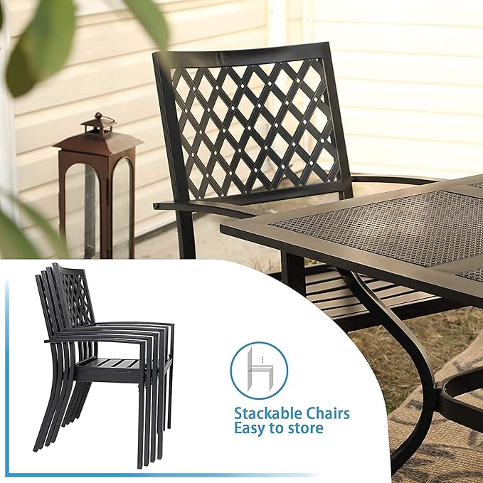 PHI VILLA Patio Dining Set 6 Piece with 4 Metal Outdoor Stackable Chairs, 1 Square Metal Table and 10ft 3 Tier Umbrella(Navy Blue), Outdoor Table Furniture Set for Patio, Deck, Poolside